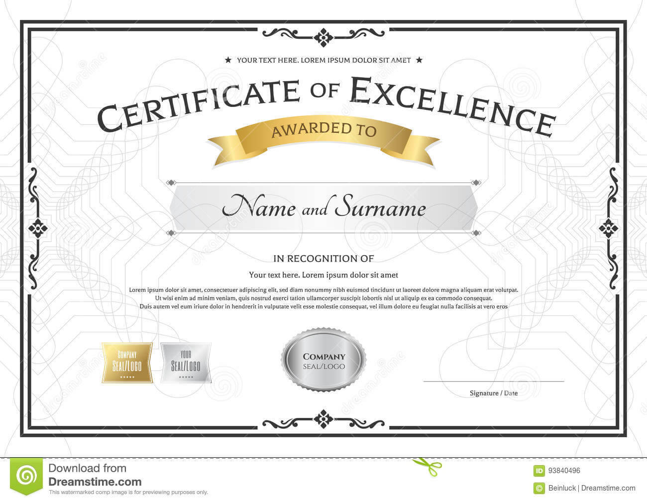 Certificate Of Excellence Template With Gold Award Ribbon On Pertaining To Award Of Excellence Certificate Template