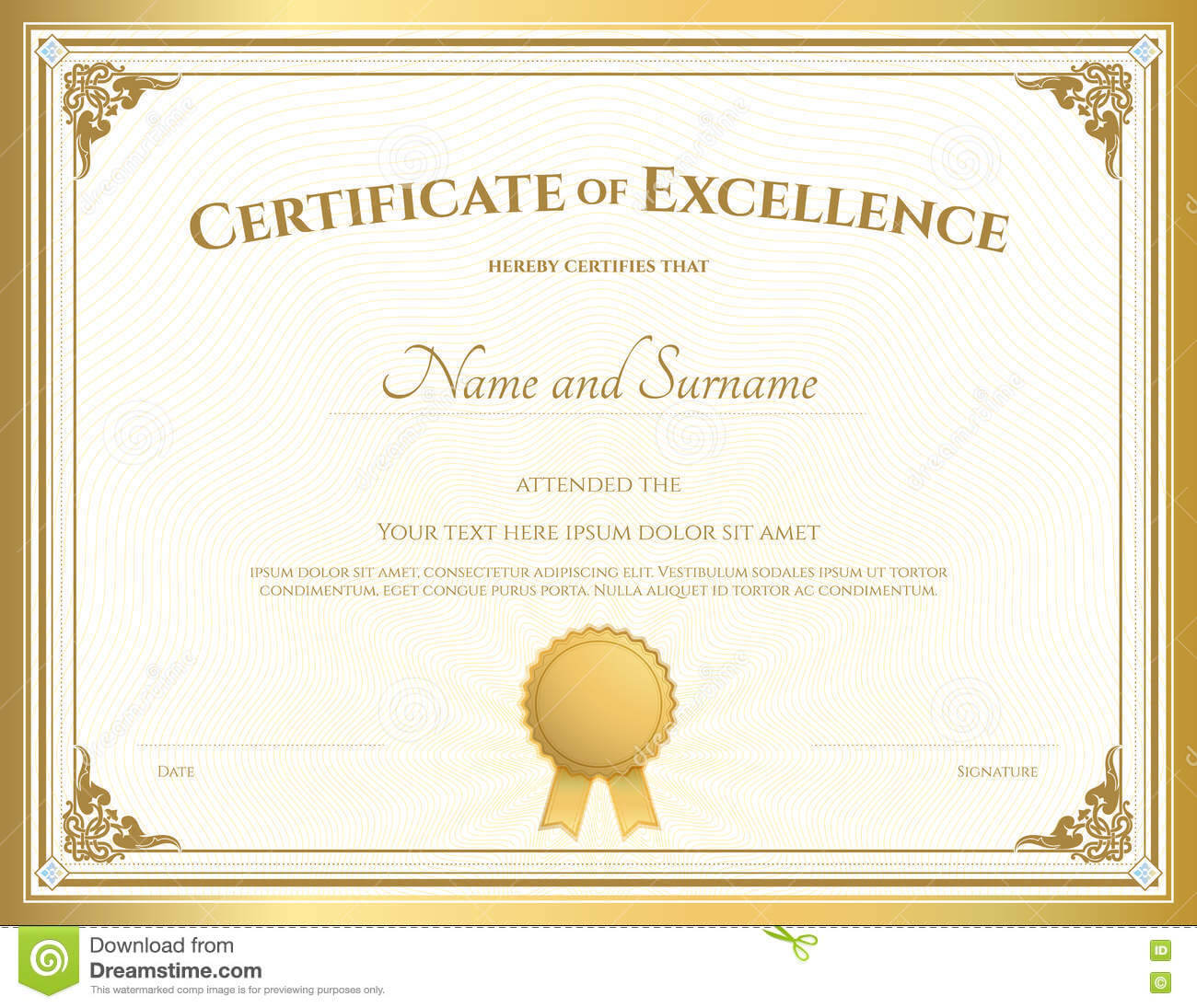 Certificate Of Excellence Template With Gold Border Stock Pertaining To Free Certificate Of Excellence Template