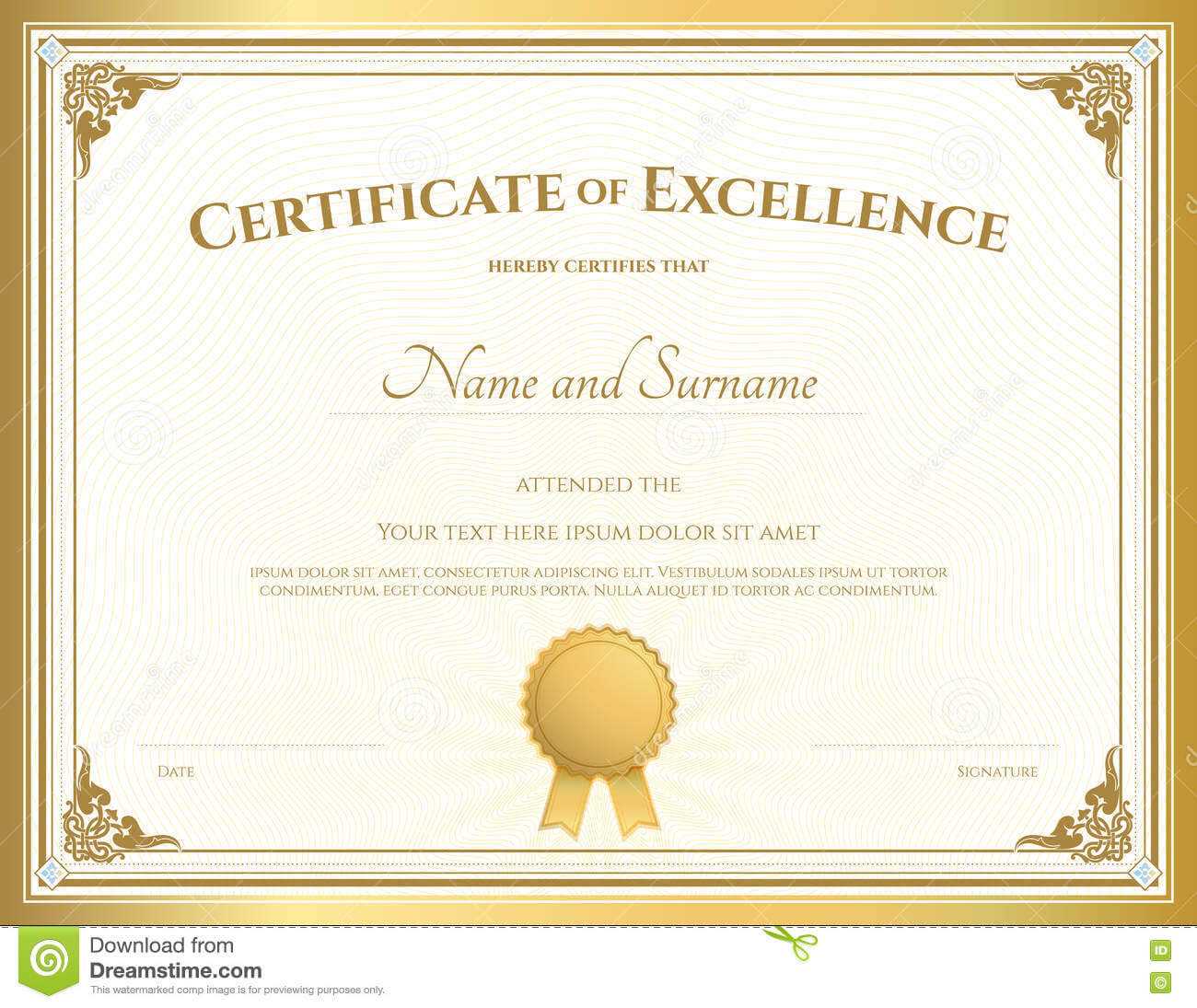 Certificate Of Excellence Template With Gold Border Stock Throughout Certificate Of Excellence Template Free Download