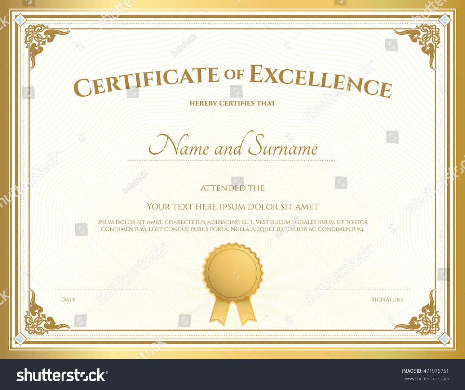 Certificate Of Excellence Template With… Stock Photo Throughout Free Certificate Of Excellence Template