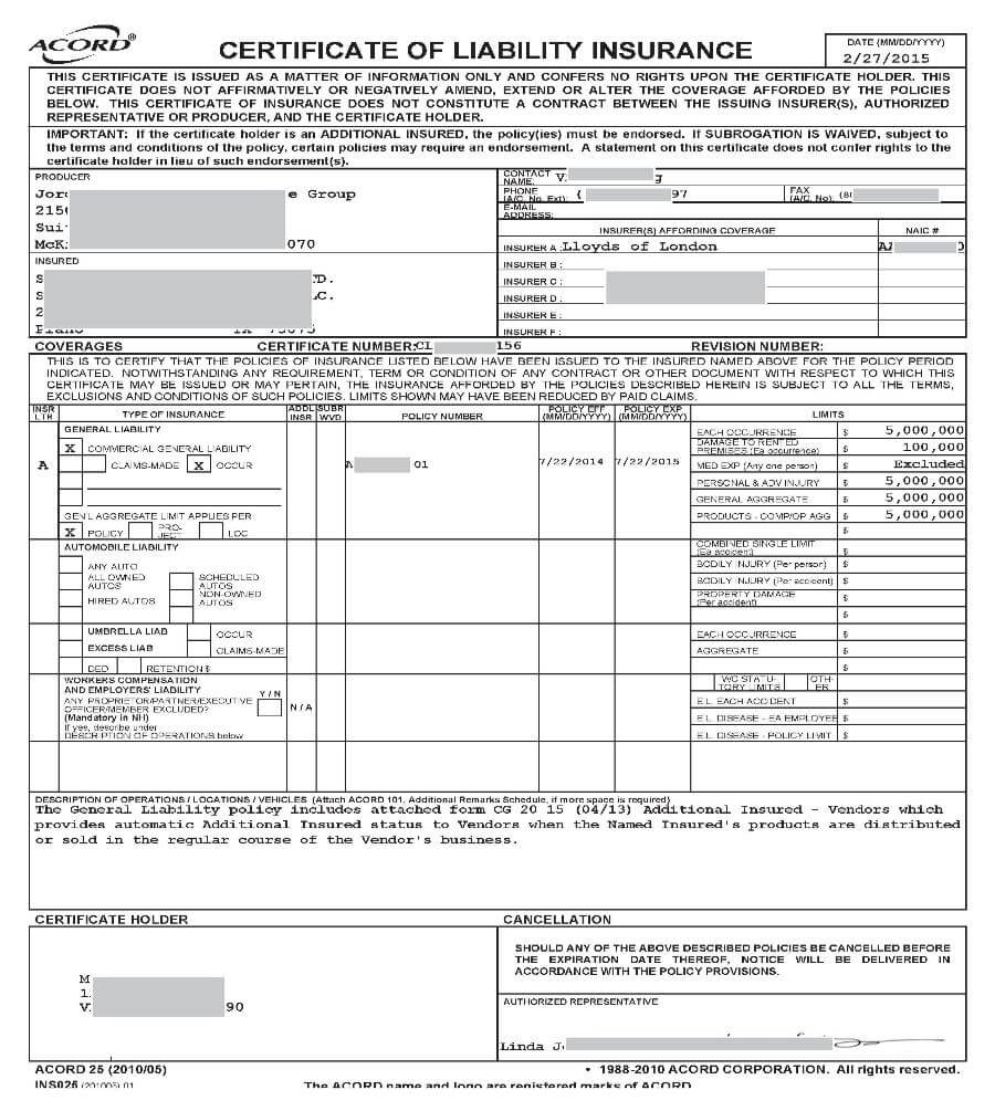 Certificate Of Liability Insurance Form California What Is Inside Acord Insurance Certificate Template