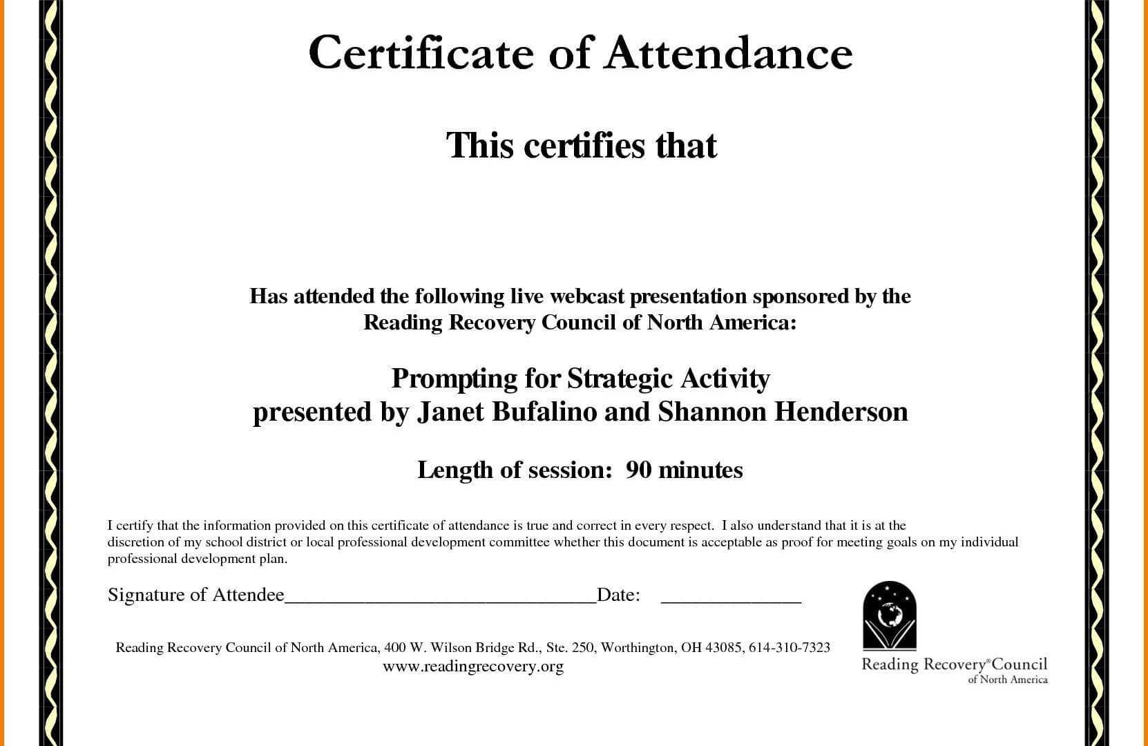 Certificate Of Recognition Template Word Templates In Format For Perfect Attendance Certificate Free Template