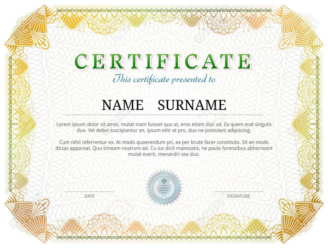 Certificate Template With Guilloche Elements. Yellow Diploma.. Intended For Validation Certificate Template