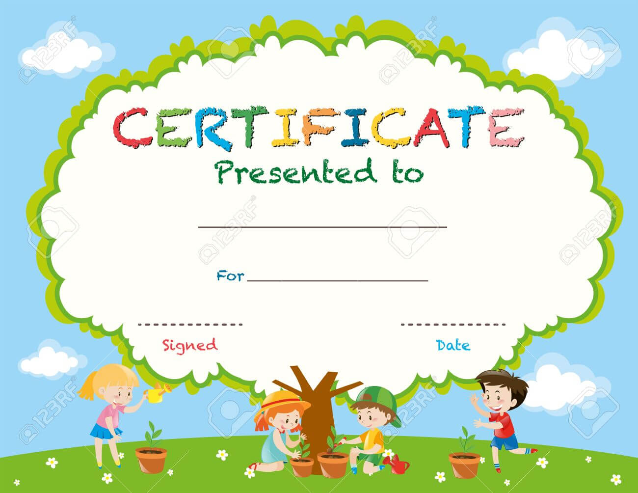Certificate Template With Kids Planting Trees Illustration Inside Free Kids Certificate Templates