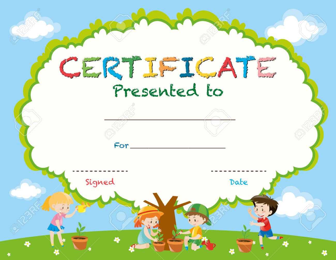 Certificate Template With Kids Planting Trees Illustration With Regard To Children's Certificate Template