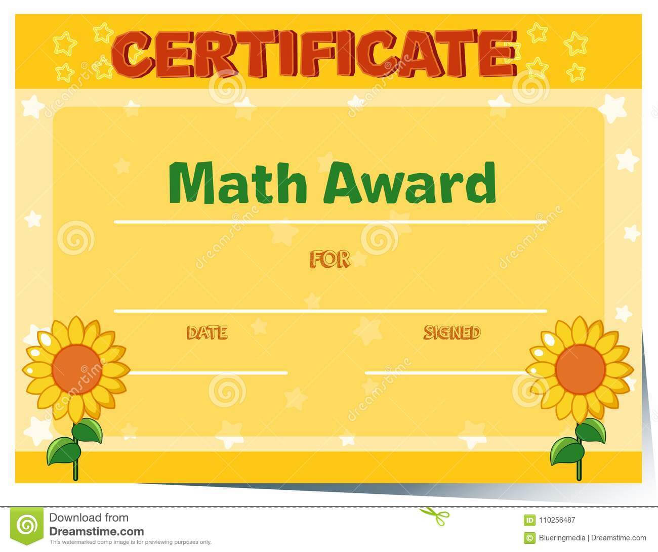 Certificate Template With Sunflowers In Background Stock Within Math Certificate Template