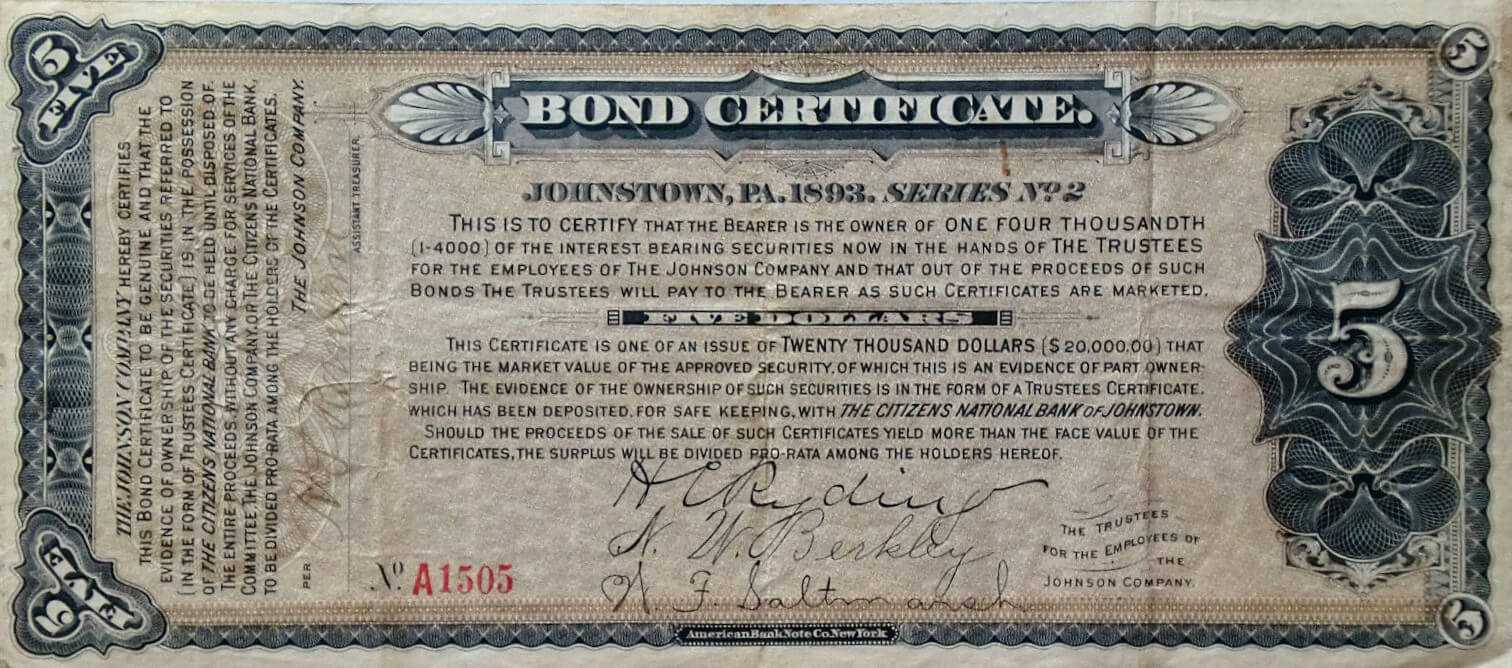 Certificate Templates: Vintage Johnstown: 1893 Bond Certificate Throughout Corporate Bond Certificate Template