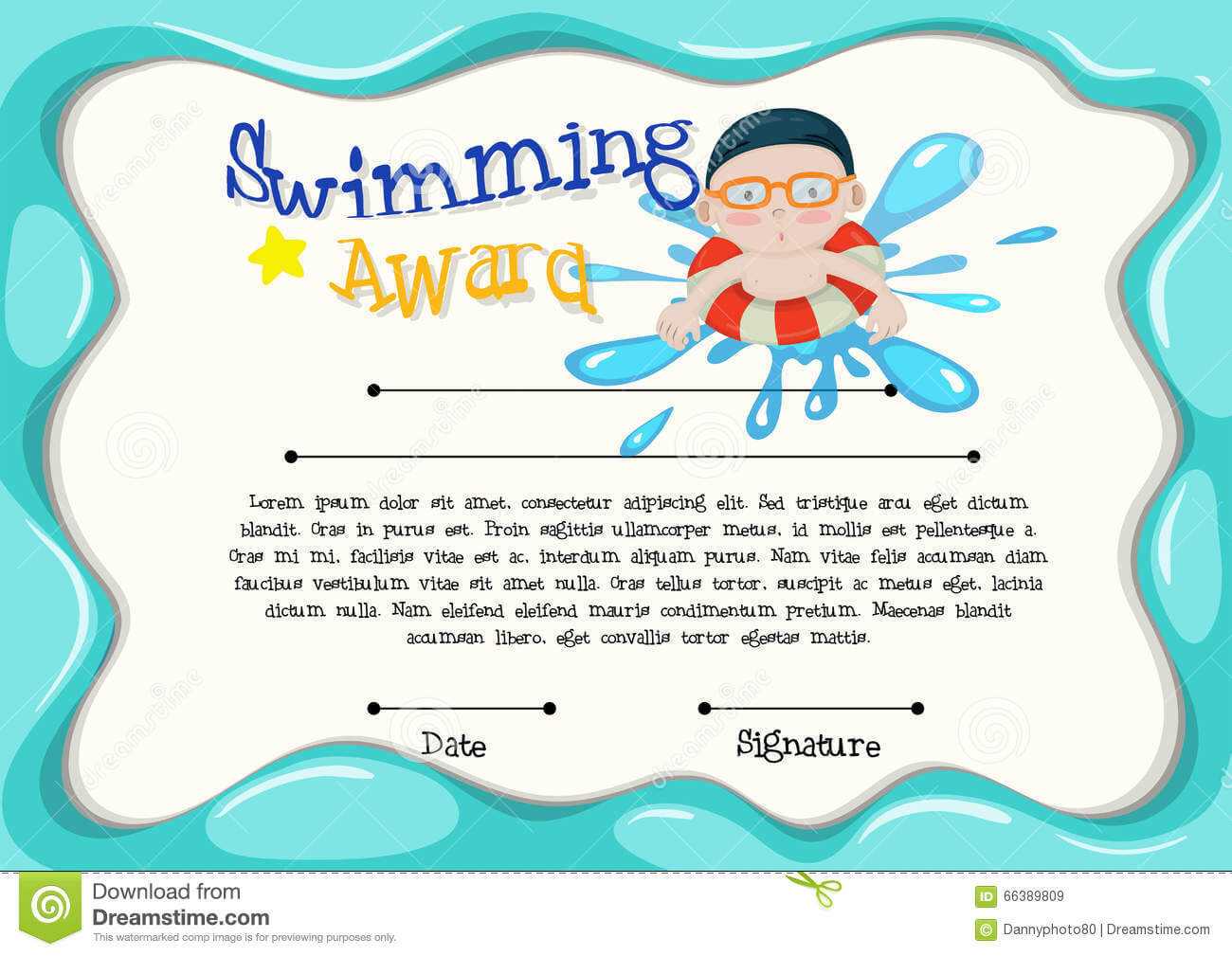 Certification Template Of Best Swimmer Stock Vector Regarding Free Swimming Certificate Templates