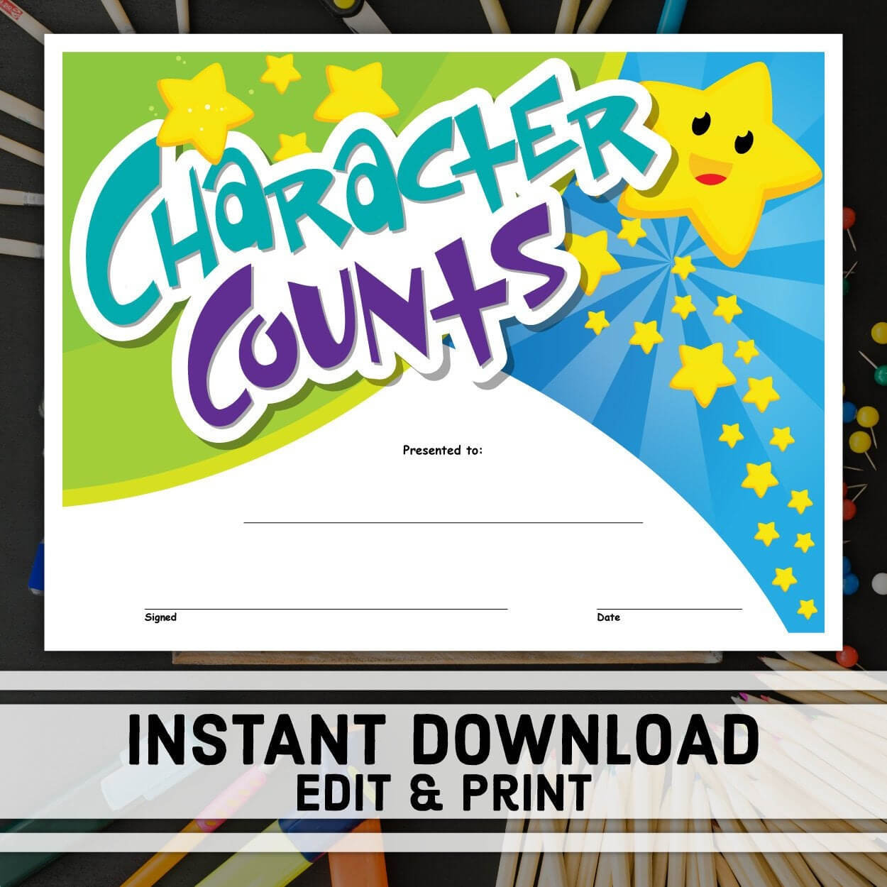 Character Counts Certificate | Instant Download | Printable Award |  Editable Certificate Templates | School Certificates | Student Award Throughout Update Certificates That Use Certificate Templates