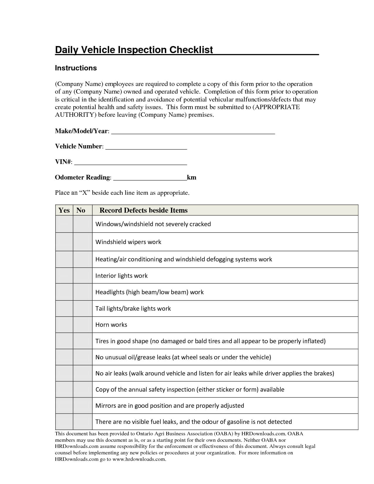 Checklist Daily Vehicle Template Highction Form Safety High Throughout Vehicle Checklist Template Word