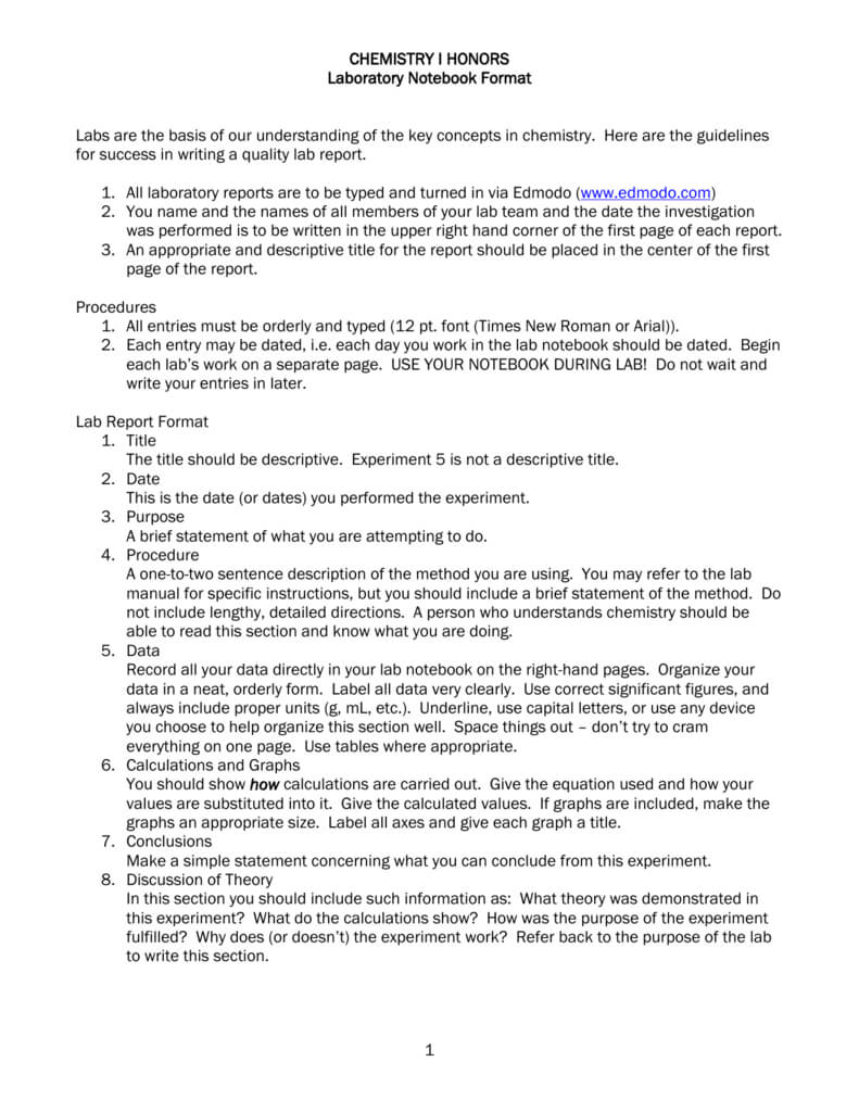 Chemistry I Honors Lab Report Format for Lab Report Template Chemistry