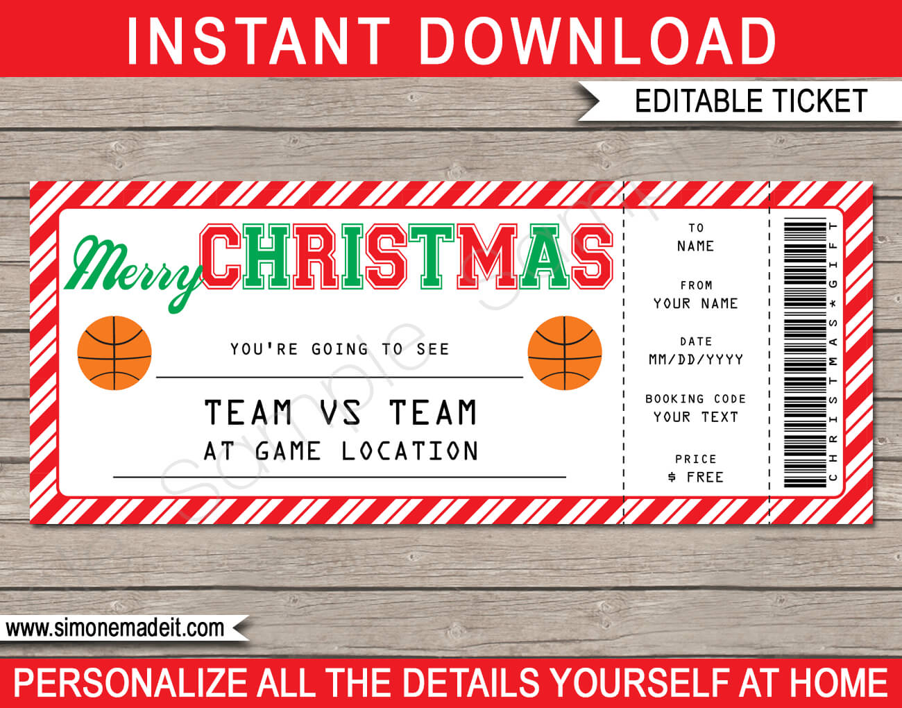Christmas Basketball Gift Ticket – Red Stripes & White Regarding Movie Gift Certificate Template