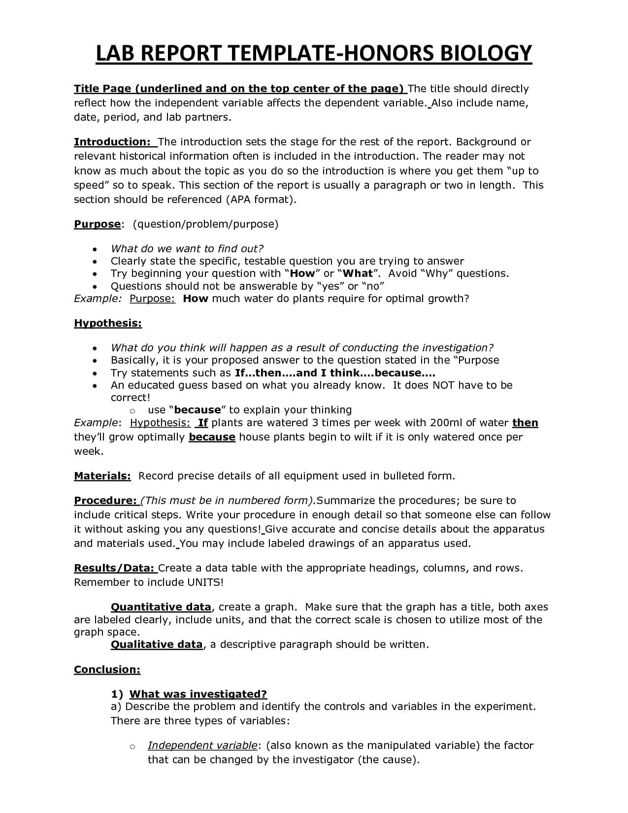 Chs Hbio Lab Report Template | Biology | Lab Report Template For Chemistry Lab Report Template