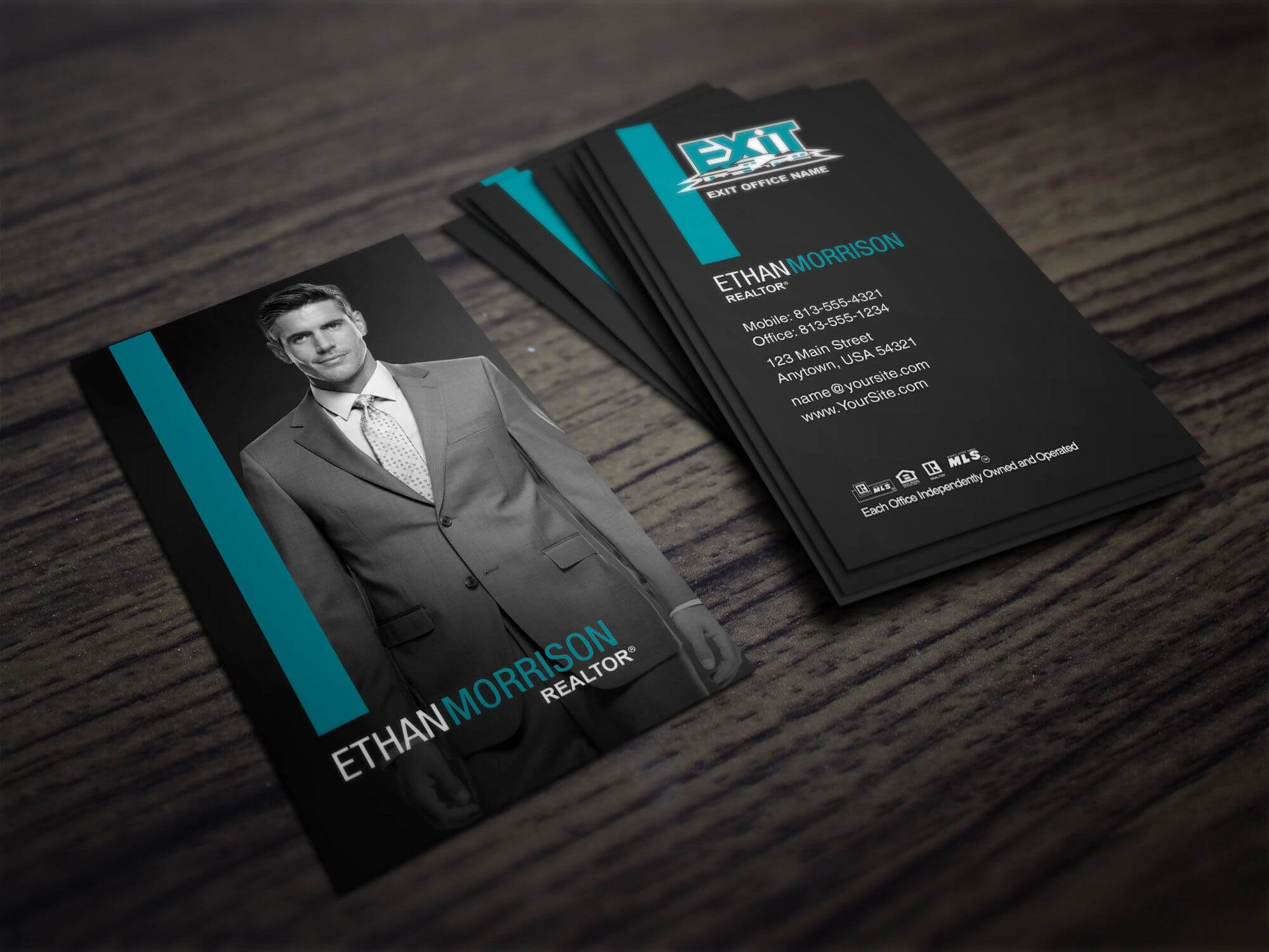 Clean, Dark Exit Realty Business Card Design For Realtors Within Real Estate Agent Business Card Template