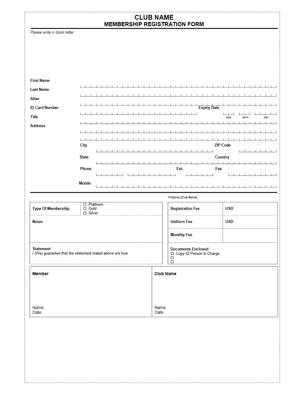 Club Membership Application Form Throughout Registration Form Template Word Free