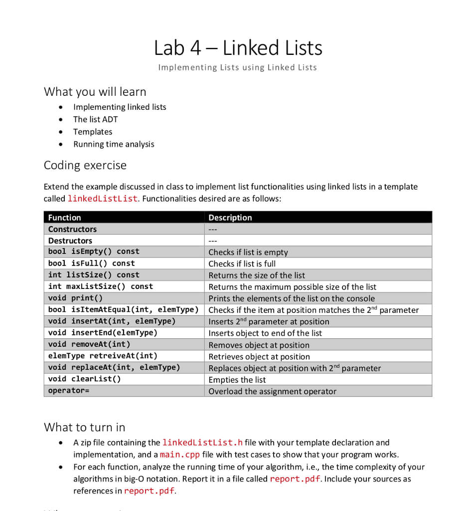 Coding In C++ Use Two Files Main.cpp And Linkedlis With Implementation Report Template