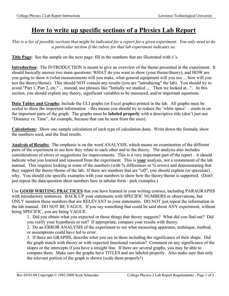 College Physics 2 Lab "lab Report Instructions" Regarding Physics Lab Report Template