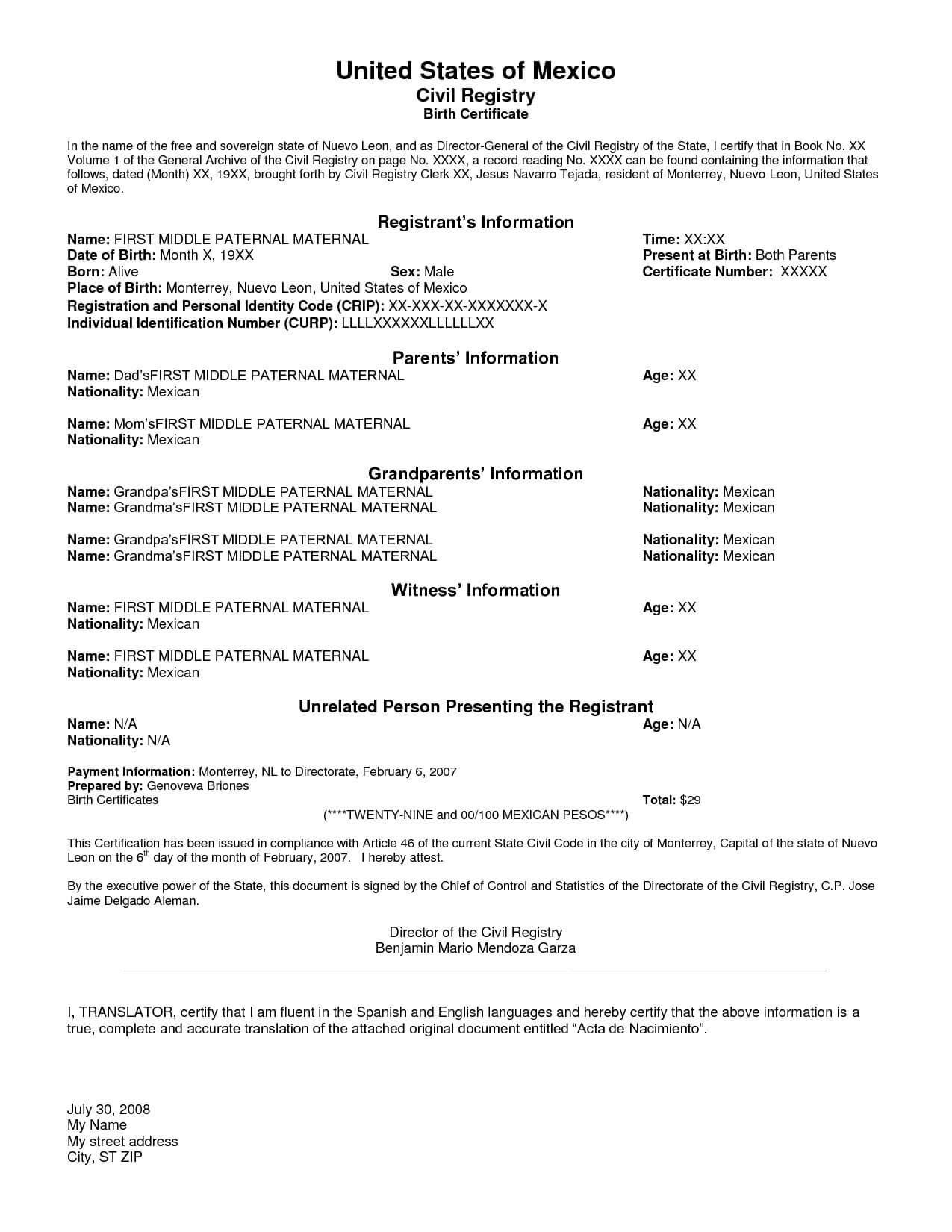 Colombian Birth Certificate Translation Template Translate Within Marriage Certificate Translation From Spanish To English Template