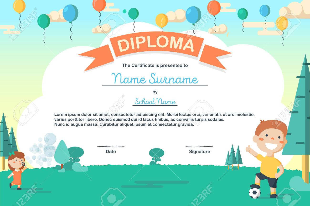 Colorful Kids Summer Camp Diploma Certificate Template In Cartoon.. Inside Summer Camp Certificate Template
