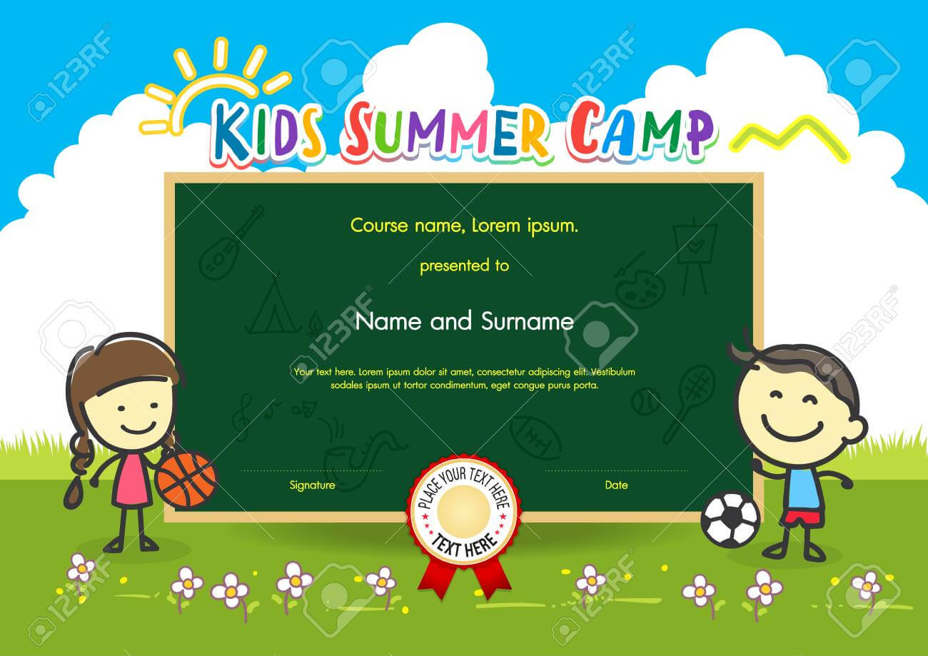 Colorful Kids Summer Camp Diploma Certificate Template In Cartoon.. Within Summer Camp Certificate Template