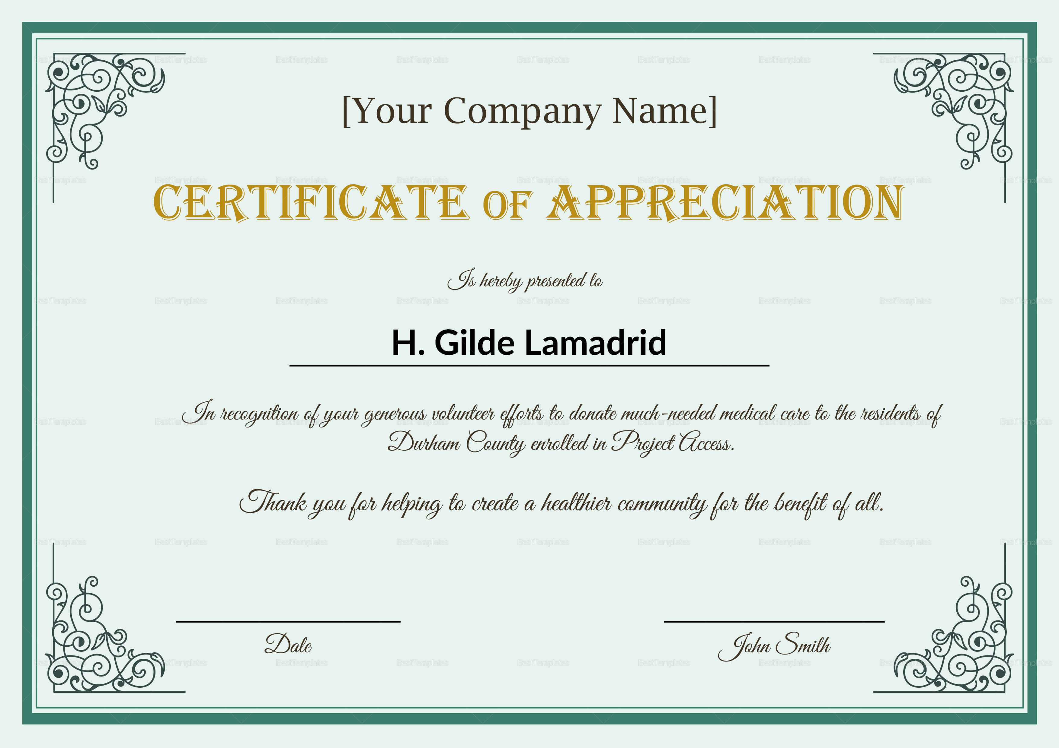 Company Employee Appreciation Certificate Template With In Appreciation Certificate Templates