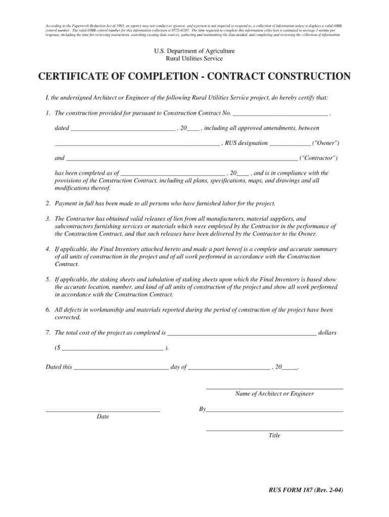 Completion Certificate Sample Construction – Fill Online With Certificate Of Completion Construction Templates