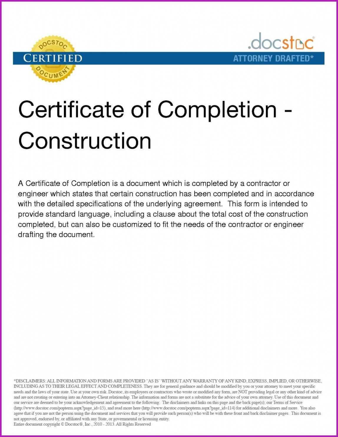 Construction Completion Certificate Template With Certificate Of Completion Construction Templates