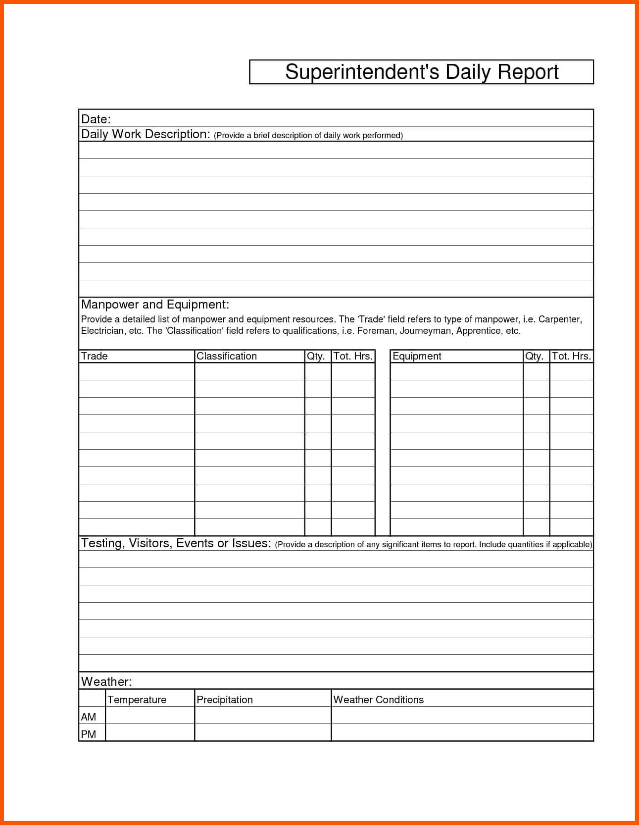 Construction Daily Report Sample Forms Template Free Intended For Daily Reports Construction Templates