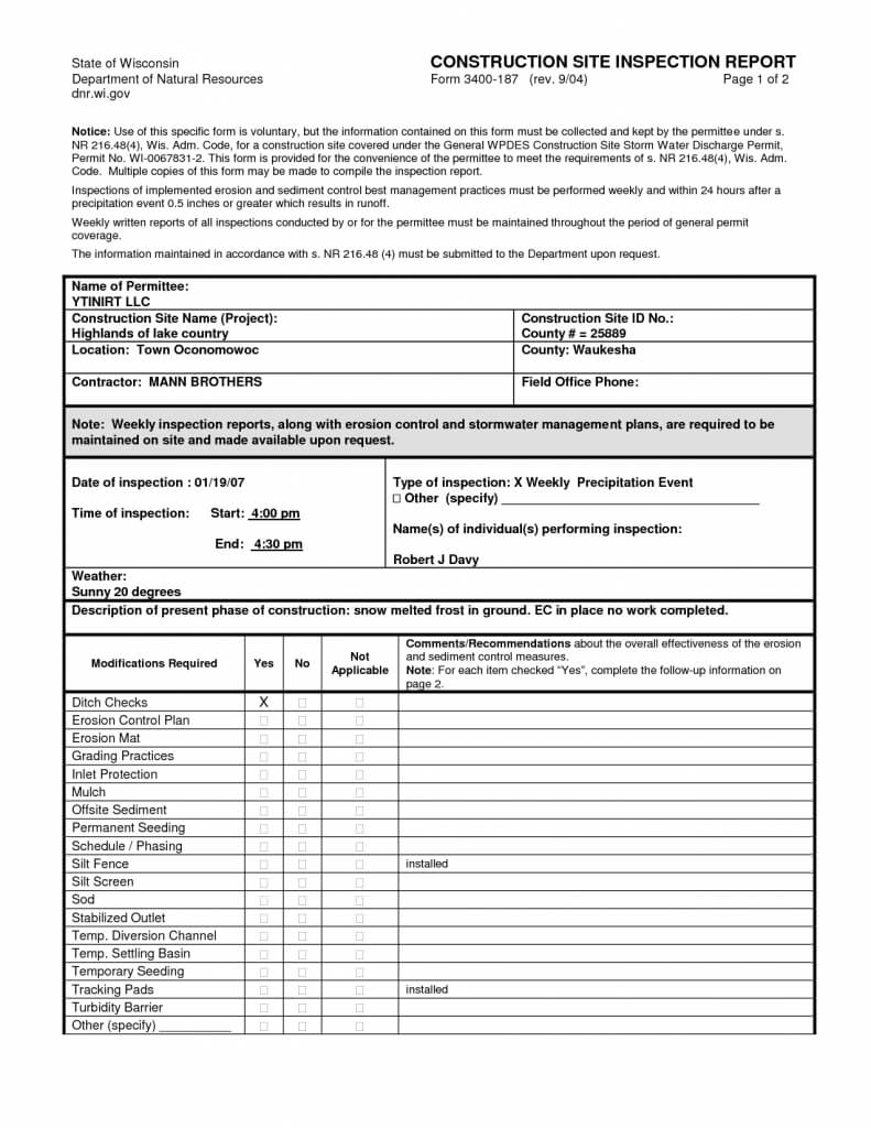 Construction Daily Report Sample Job Template Contractor Inside Site Visit Report Template