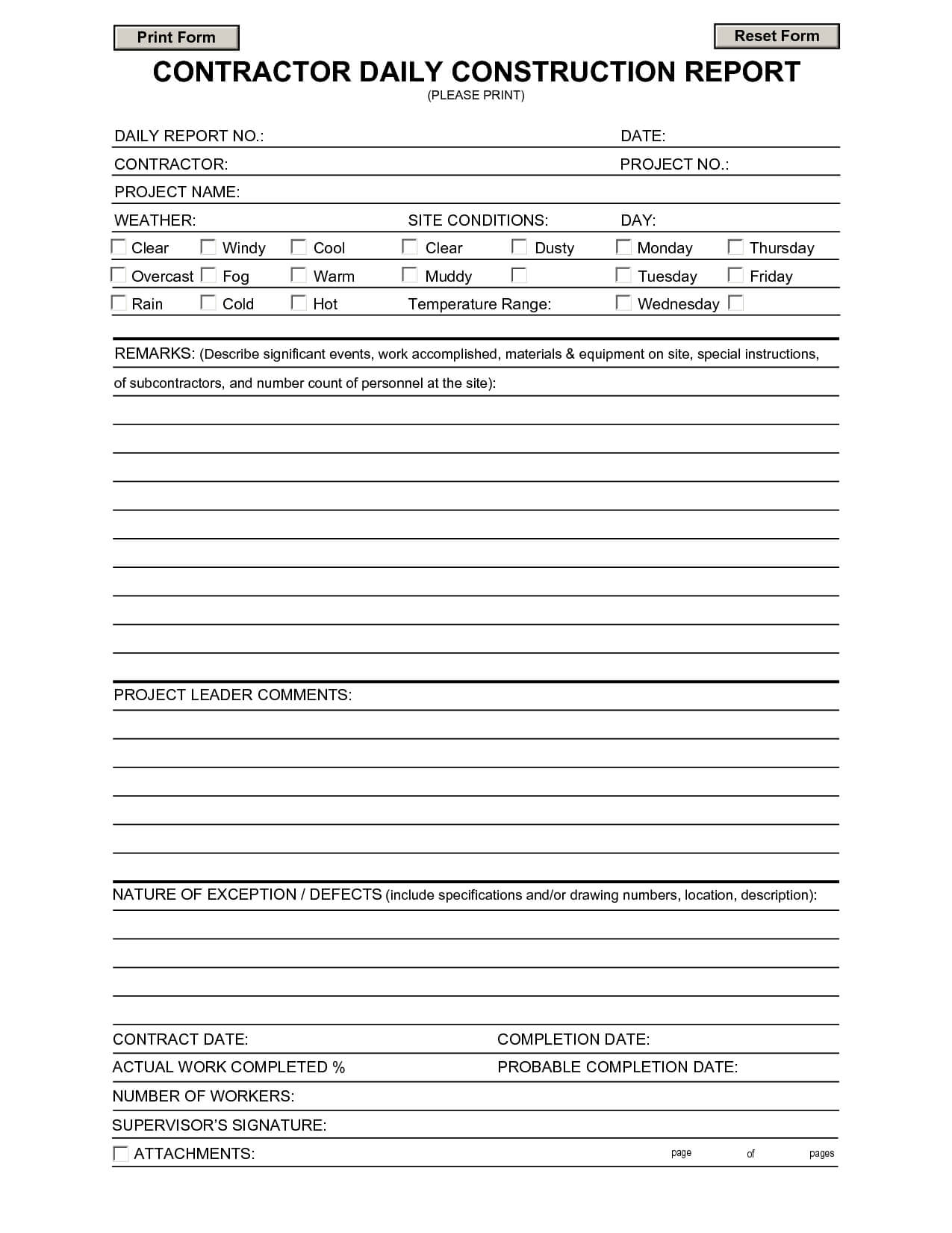 Construction Daily Report Template | Contractors | Report In Construction Daily Progress Report Template