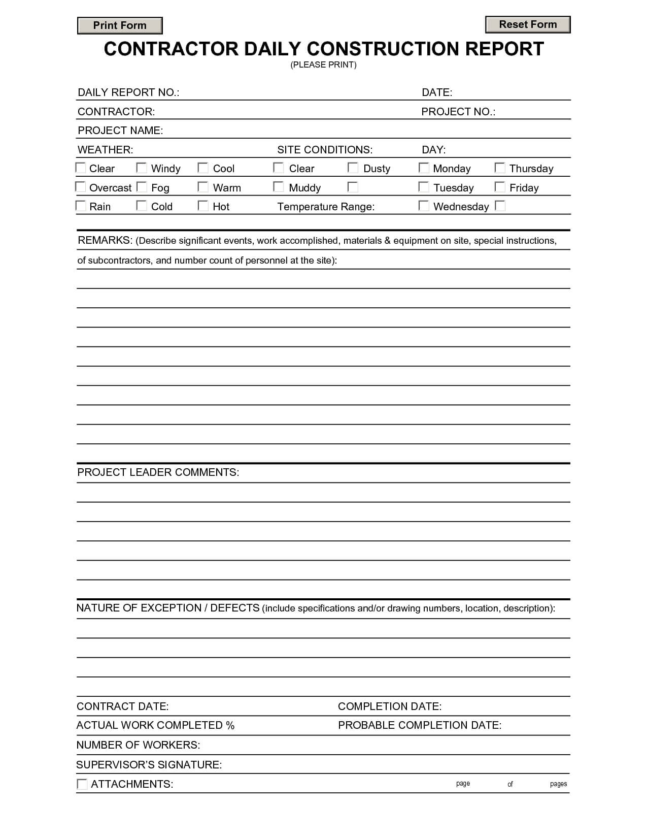 Construction Daily Report Template | Contractors | Report Throughout Construction Deficiency Report Template