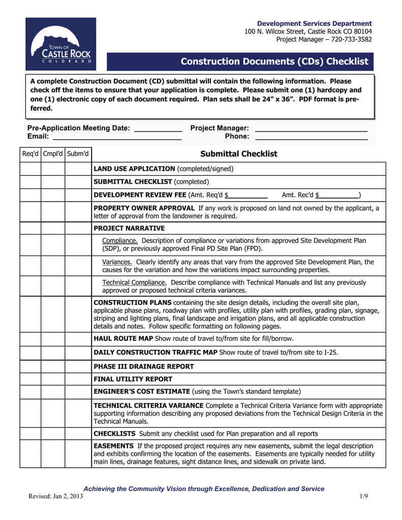 Construction Documents (Cds) Checklist With Drainage Report Template