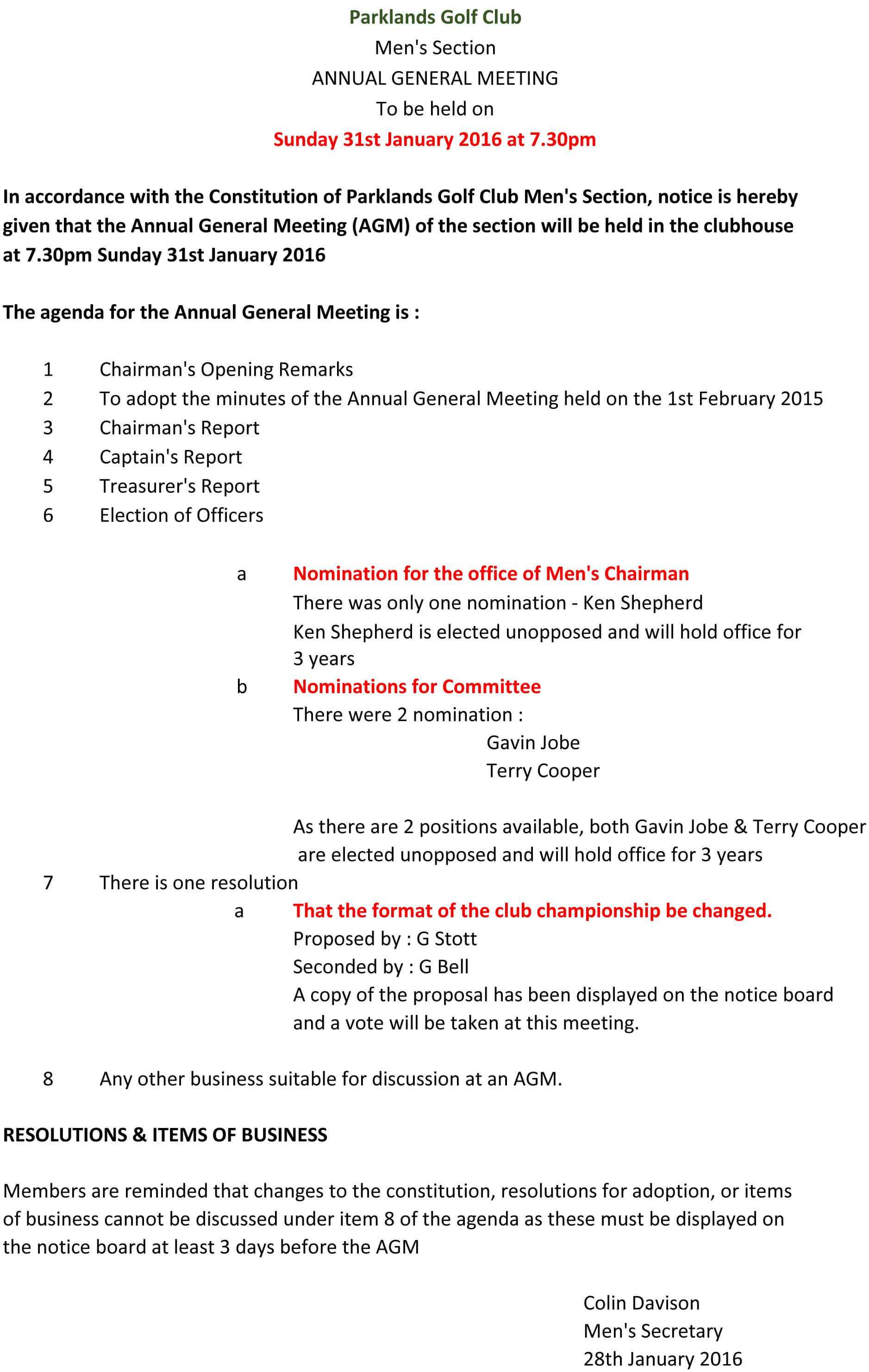 Copy Of Final Agenda 2016 Agm | Parklands Golf Club With Treasurer's Report Agm Template