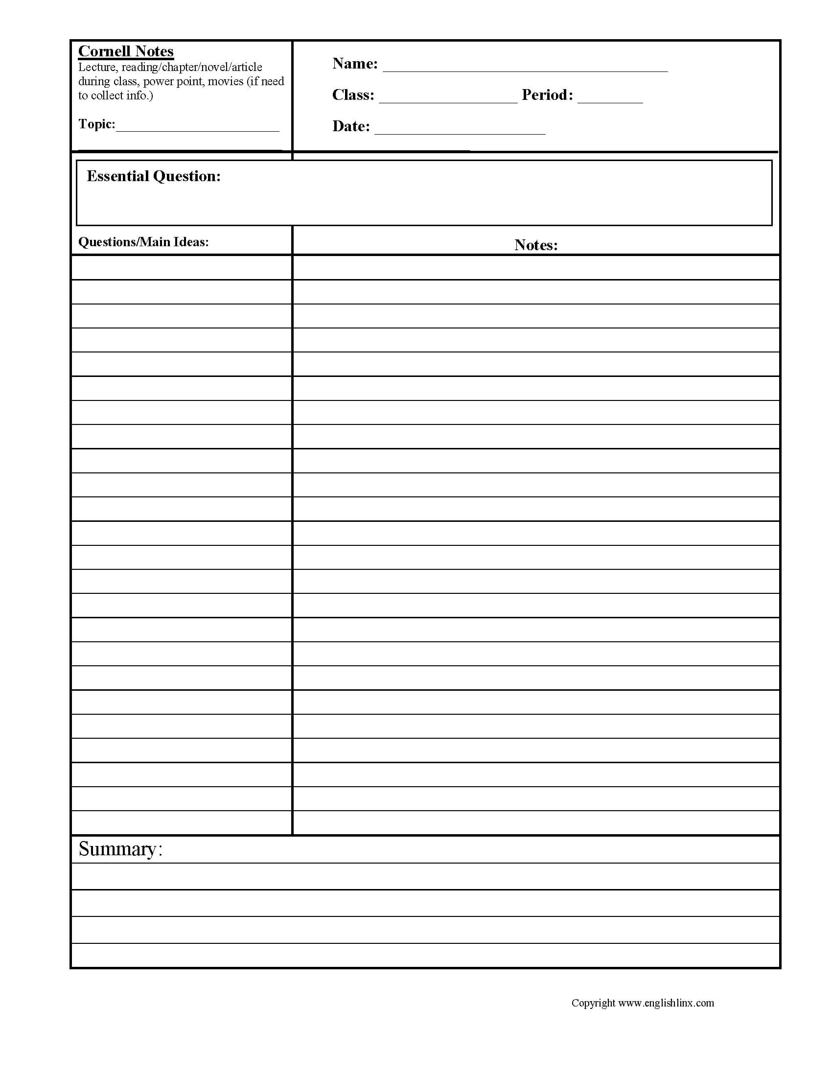 Cornell Notes Summary Worksheets | Ela | Cornell Notes Within Cornell Note Template Word