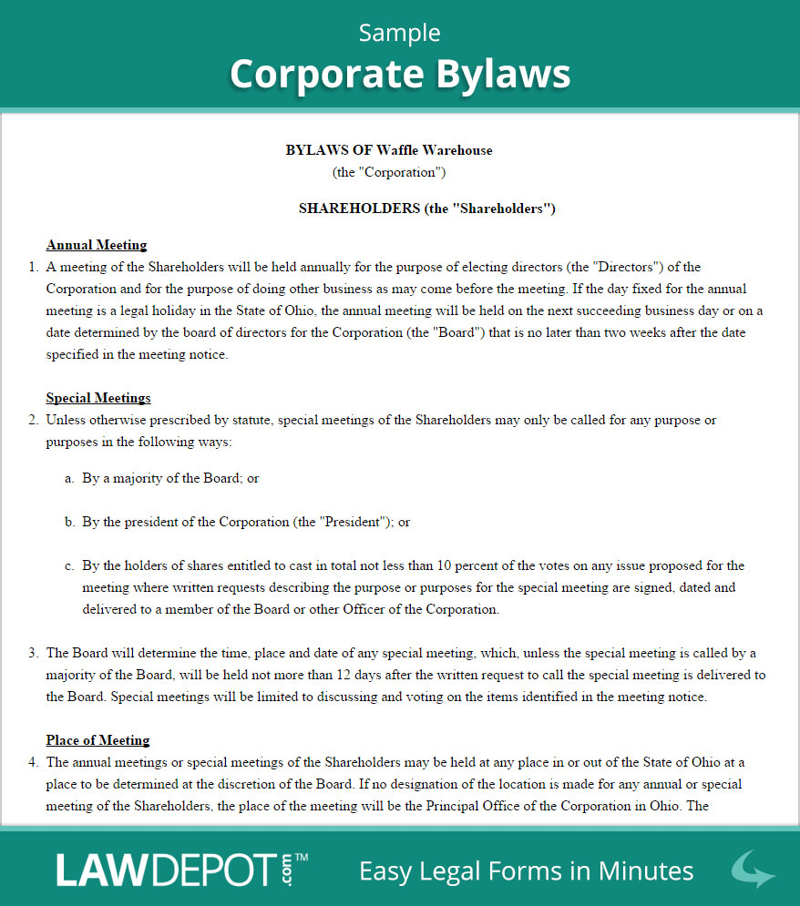 Corporate Bylaws Template (Us) | Lawdepot Regarding Corporate Bylaws Template Word