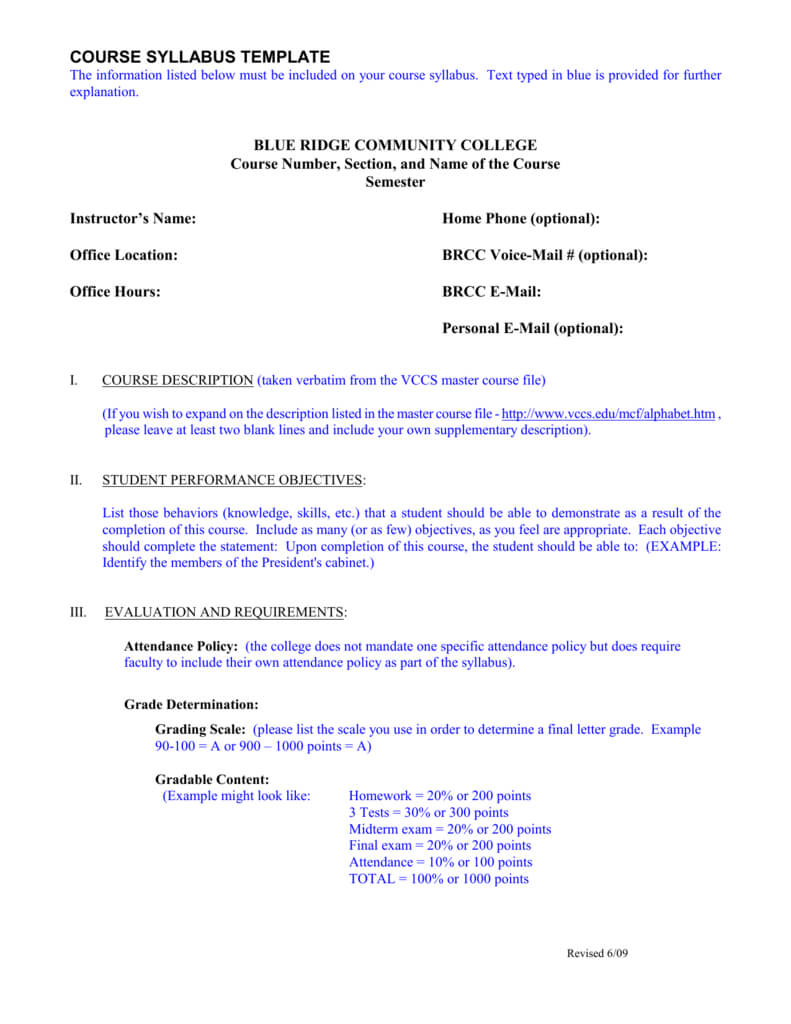 Course Syllabus Template – Blue Ridge Community College For Blank Syllabus Template