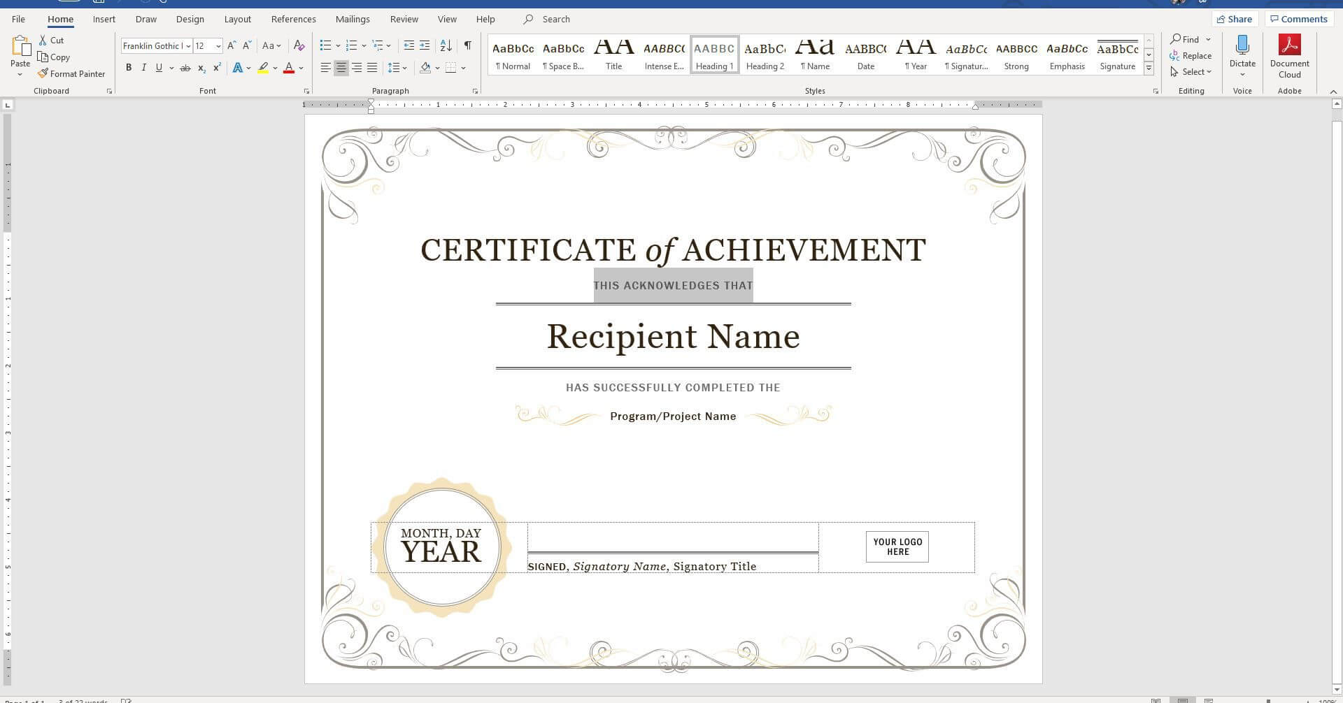 Create A Certificate Of Recognition In Microsoft Word With Certificate Of Recognition Word Template