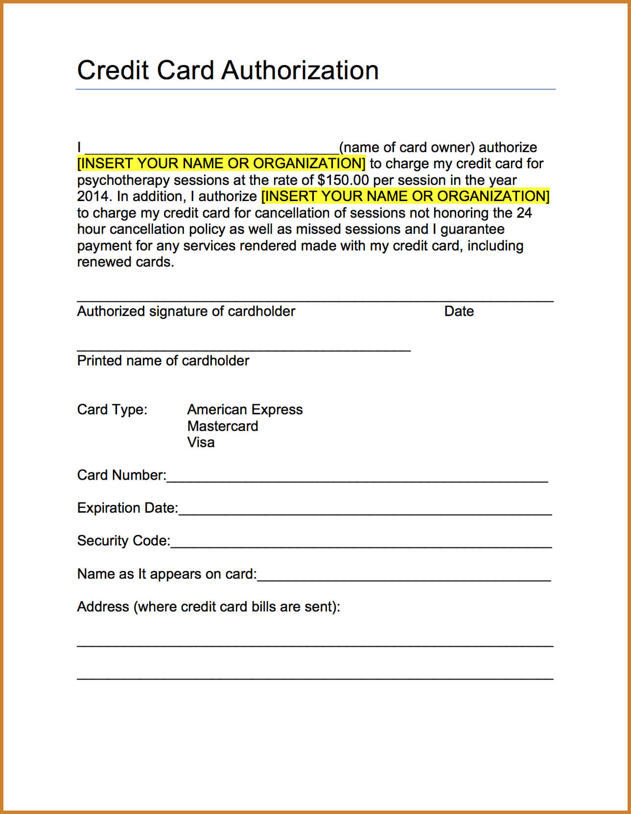 Credit Card Authorization Form Template Free Download For Credit Card On File Form Templates