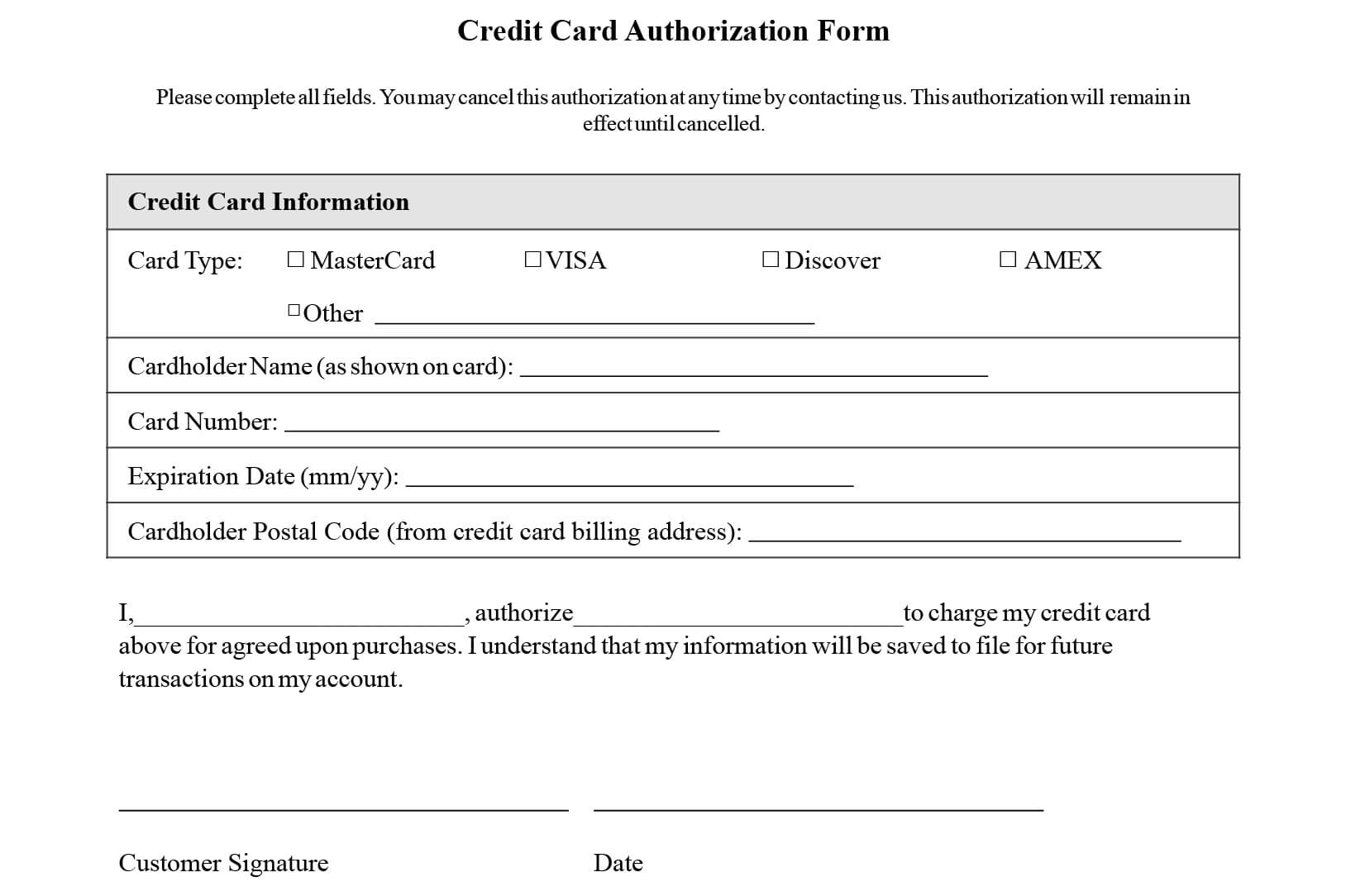 Credit Card Authorization Form Templates Download Best Of With Regard To Customer Information Card Template
