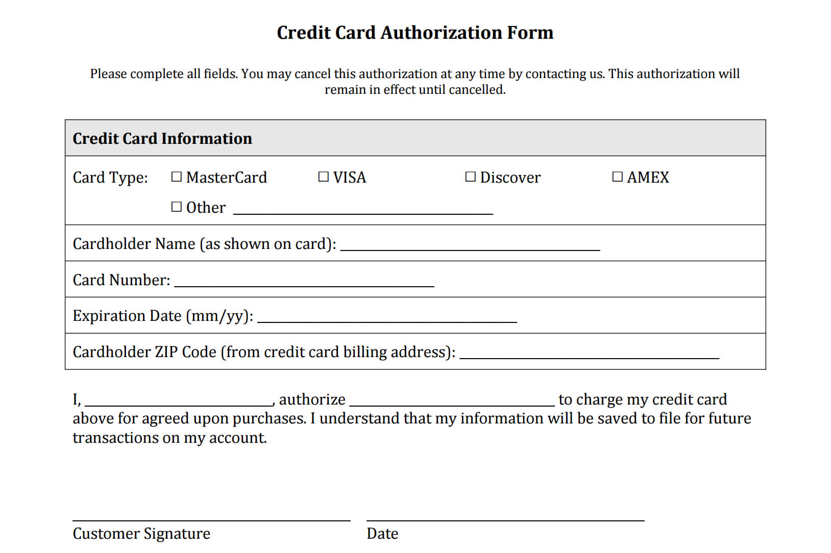 Credit Card Authorization Form Templates [Download] For Acceptance Card Template