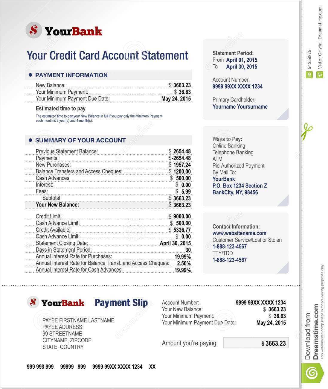 Credit Card Bank Account Statement Template Stock Vector Regarding Credit Card Statement Template