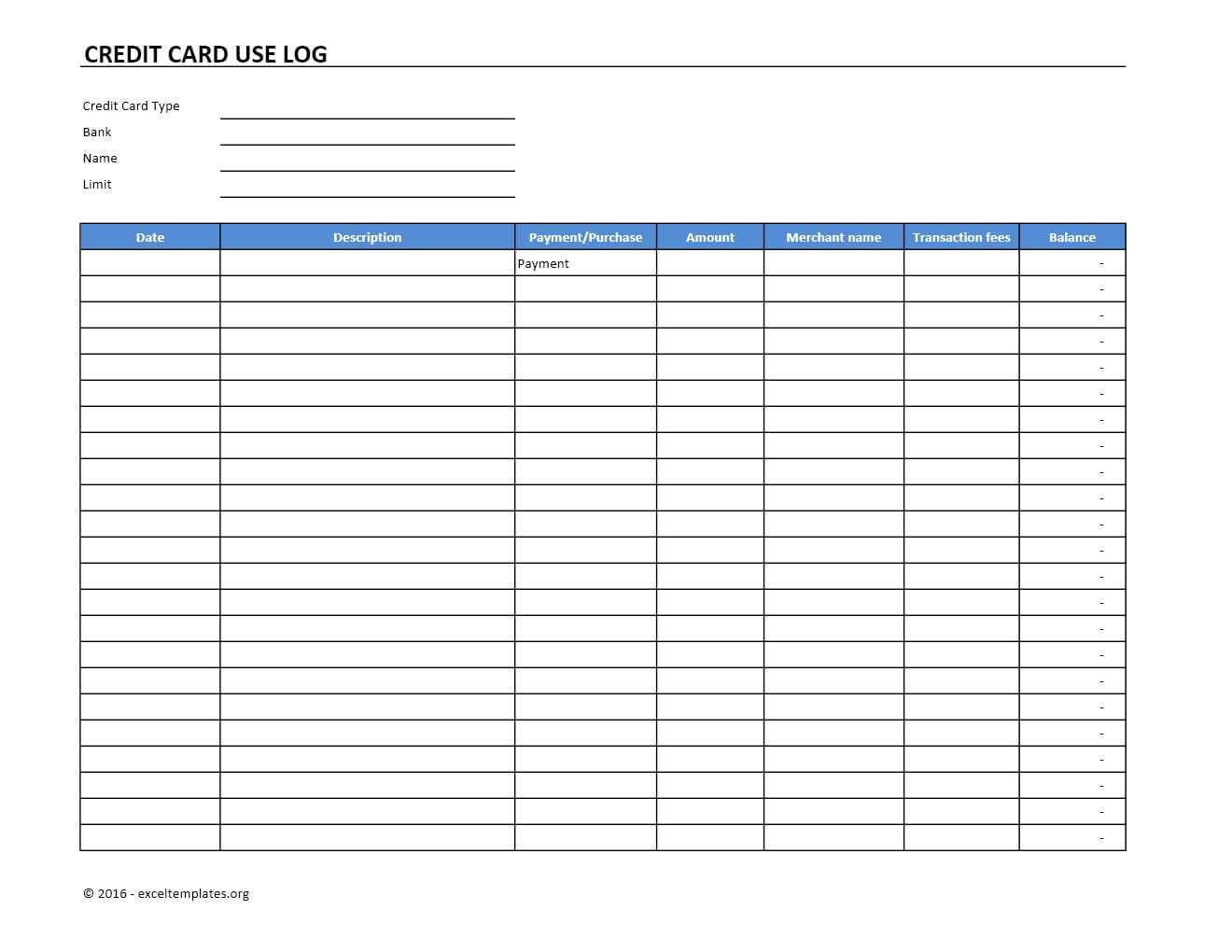 Credit Card Use Log Template | Excel Templates | Excel Within Credit Card Payment Spreadsheet Template