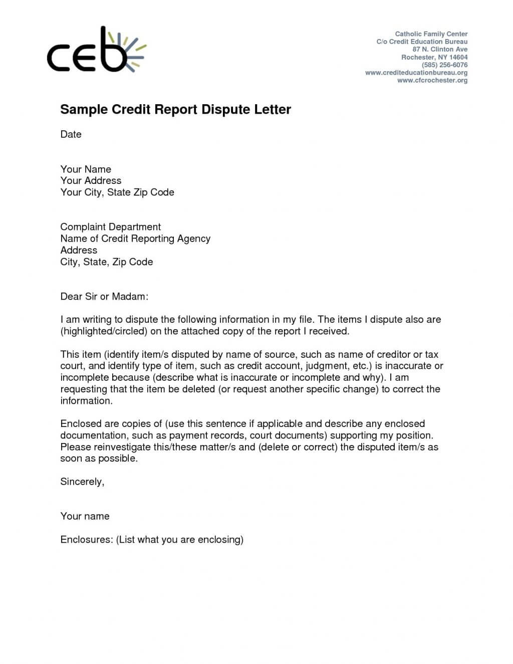 Credit Report Dispute Letter Template Hard Inquiries Free Inside Credit Report Dispute Letter Template