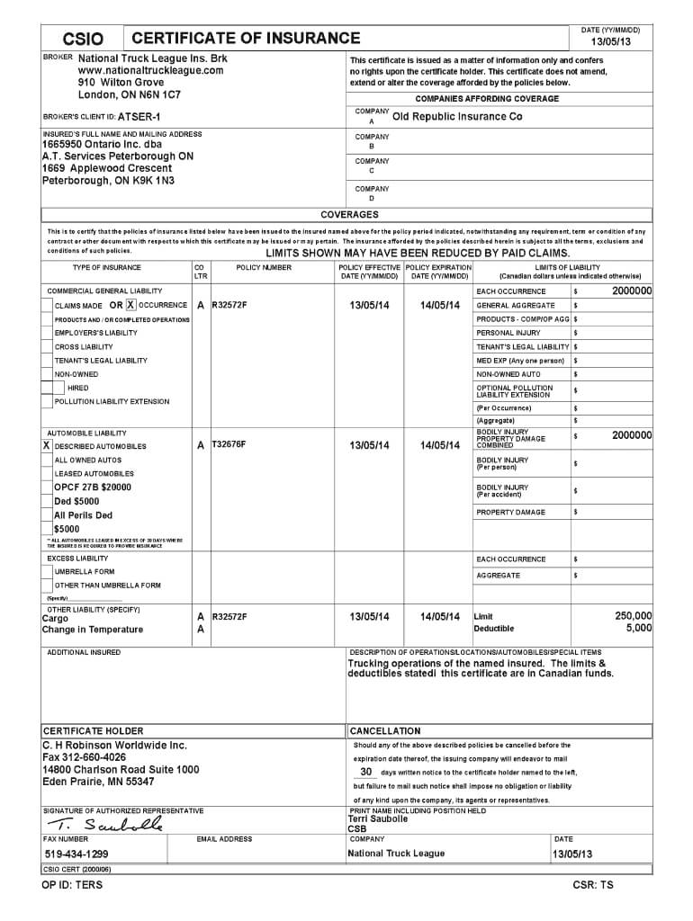 Csio Certificate Insurance Template – Fill Online, Printable Throughout Certificate Of Insurance Template