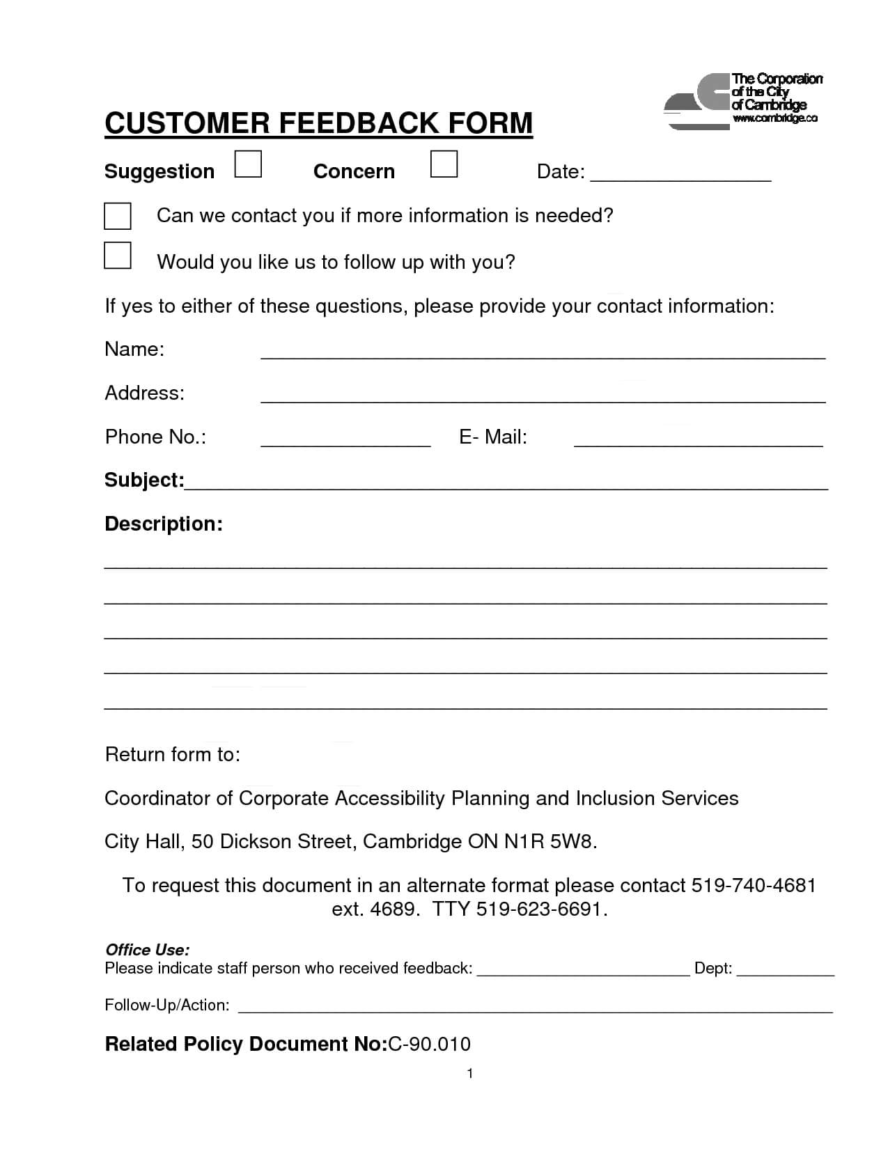 Customer Contact Form | Customer Feedback Form (Pdf Download Throughout Word Employee Suggestion Form Template