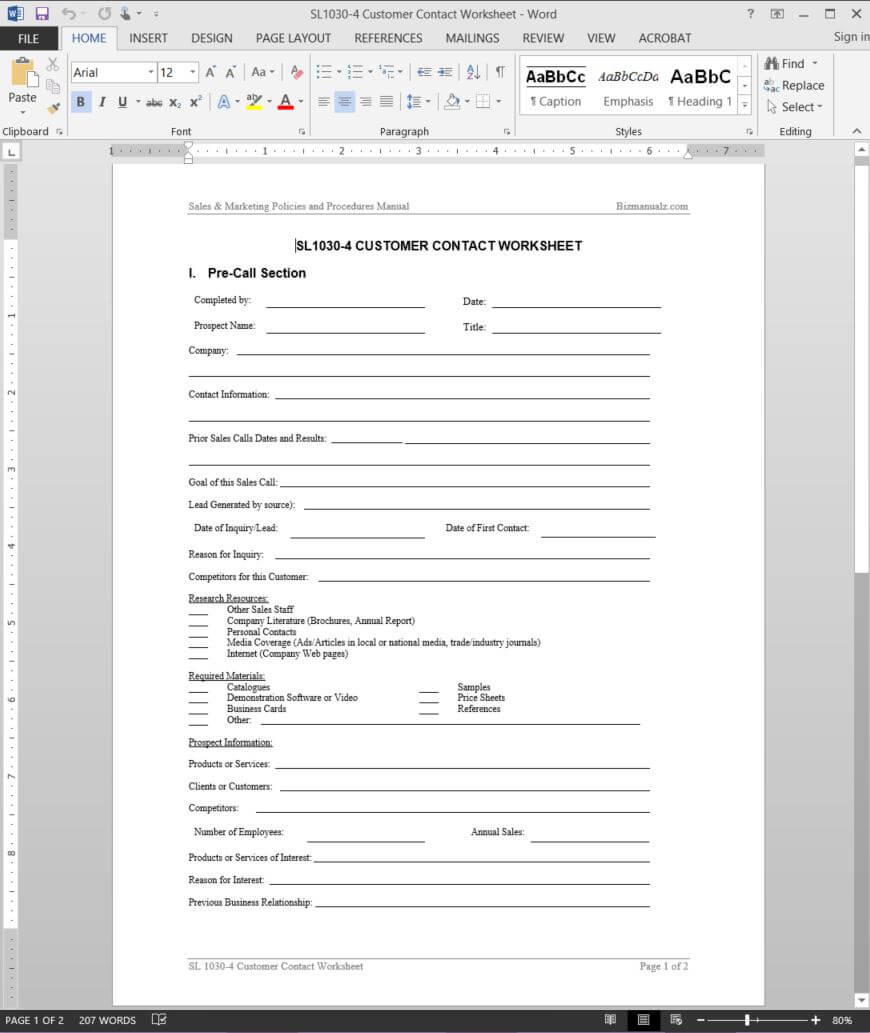 Customer Contact Worksheet Template | Sl1030 4 Inside Sales Management Report Template