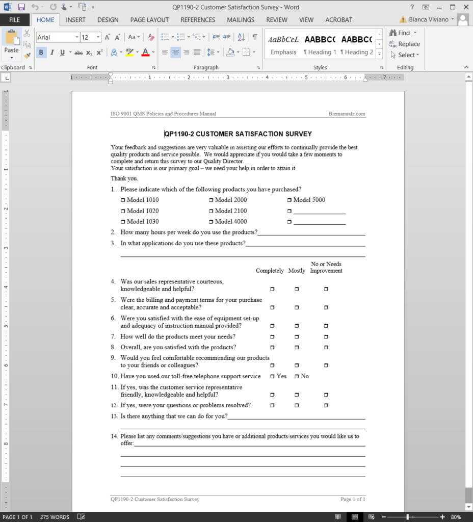 Customer Satisfaction Survey Iso Template | Qp1190 2 Regarding Customer Satisfaction Report Template