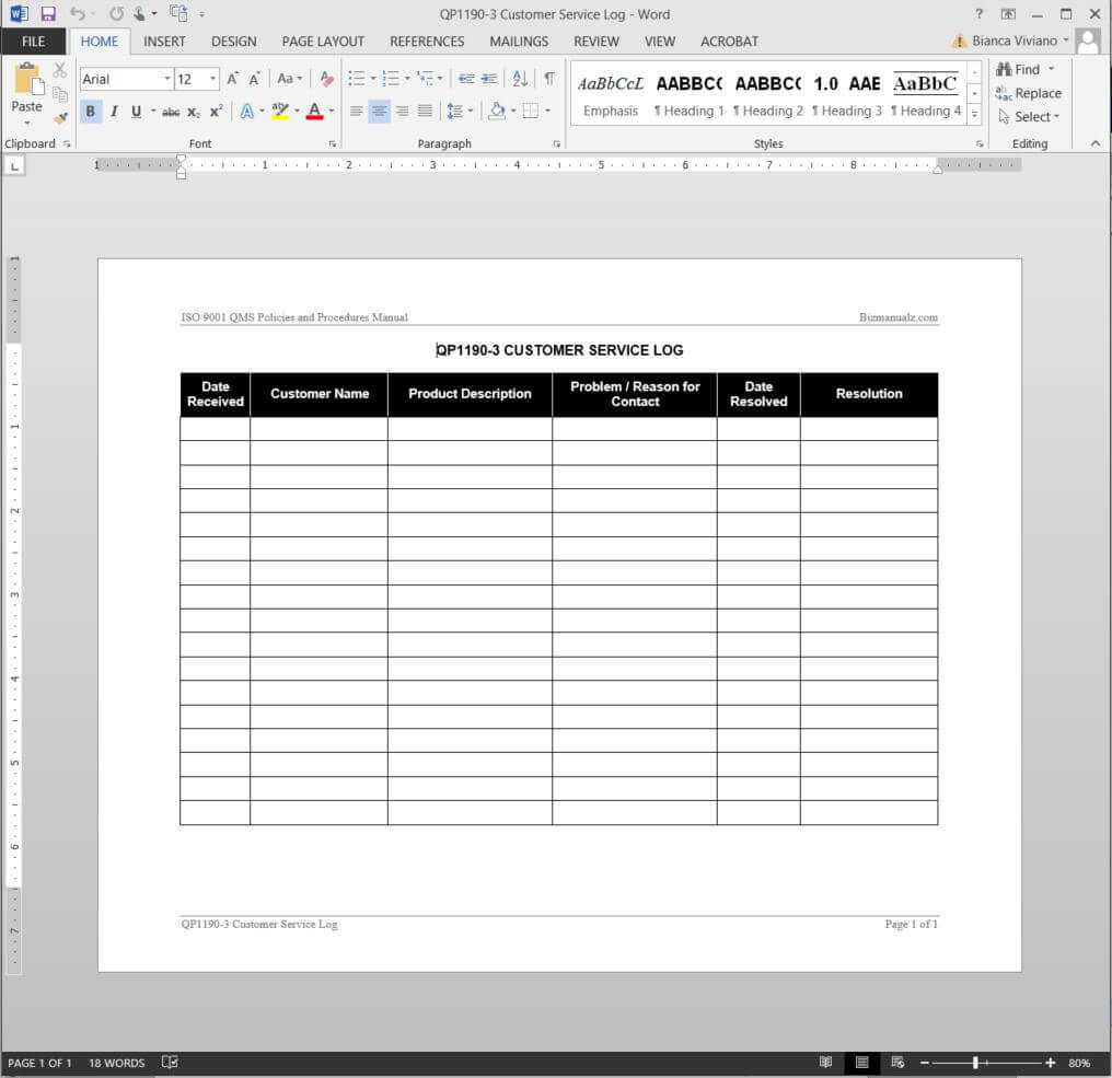 Customer Service Log Iso Template | Qp1190 3 Inside Technical Support Report Template