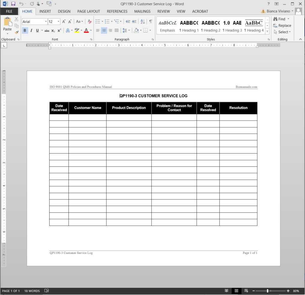 Customer Service Log Iso Template | Qp1190 3 Inside Technical Support Report Template