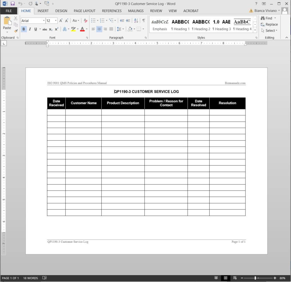 Customer Service Log Iso Template | Qp1190 3 Throughout It Support Report Template